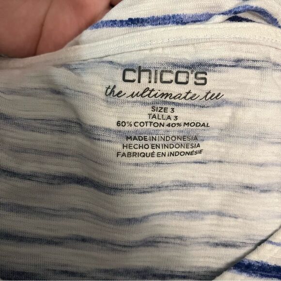 Chicos Blue White Striped Scoop Neck Short Sleeve Shirt - Picture 2 of 2